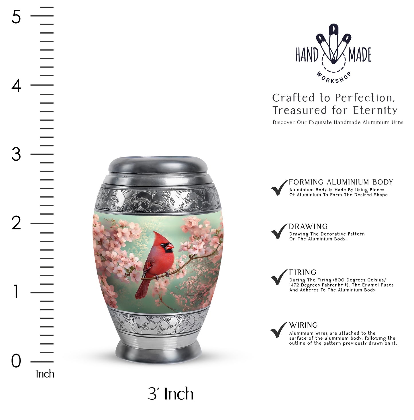 Jade Green Cardinal Cremation Urn lifestyle display on memorial shelf - regal cardinal design with crown-inspired accents - mini keepsake memorial for portion of cremation ashes