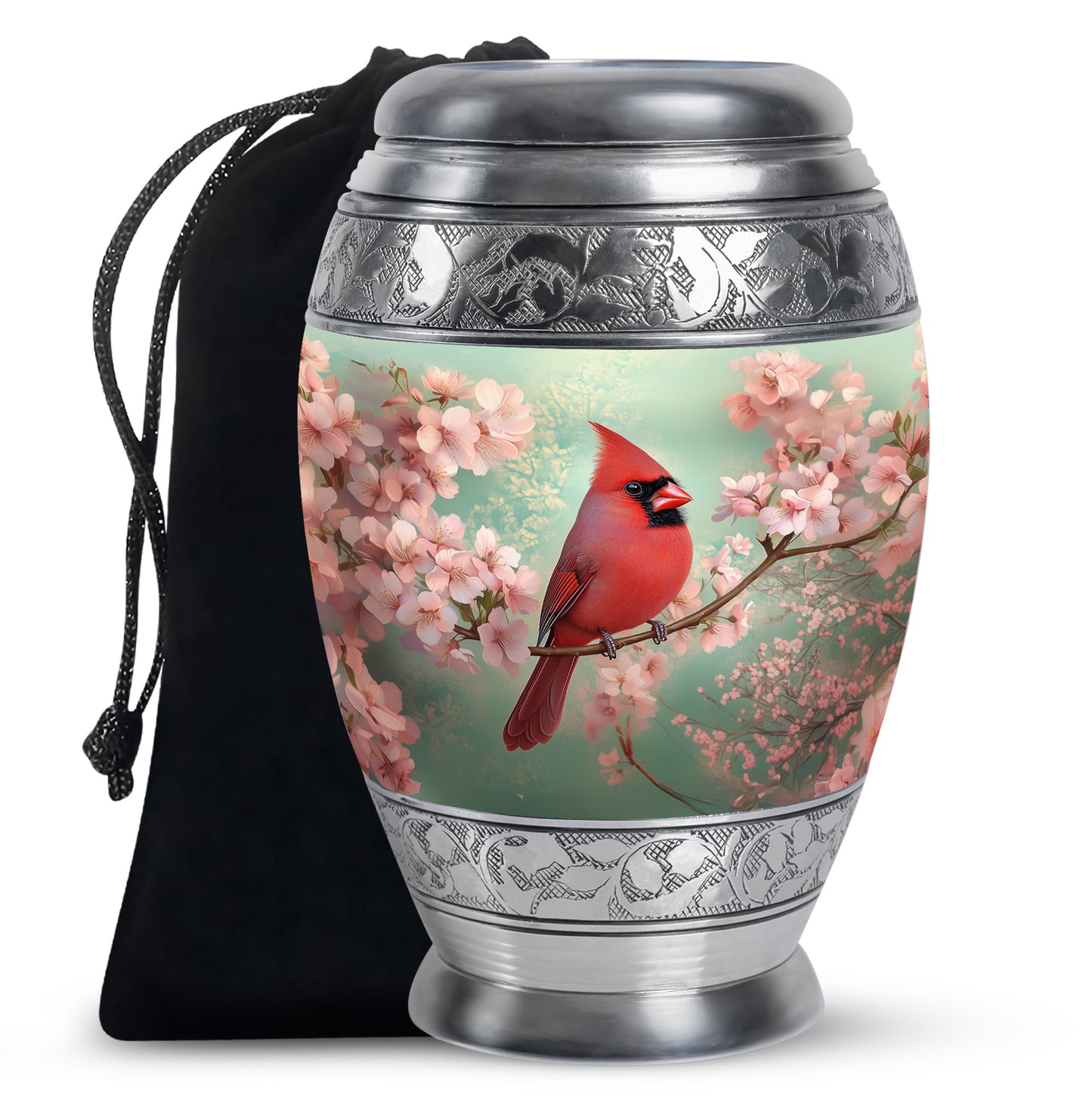 Hunter Green Cardinal Cremation Urn back view with polished surface - royal cardinal engraving with decorative scrollwork - full-size 10 inch 200 cubic inch adult cremation urn
