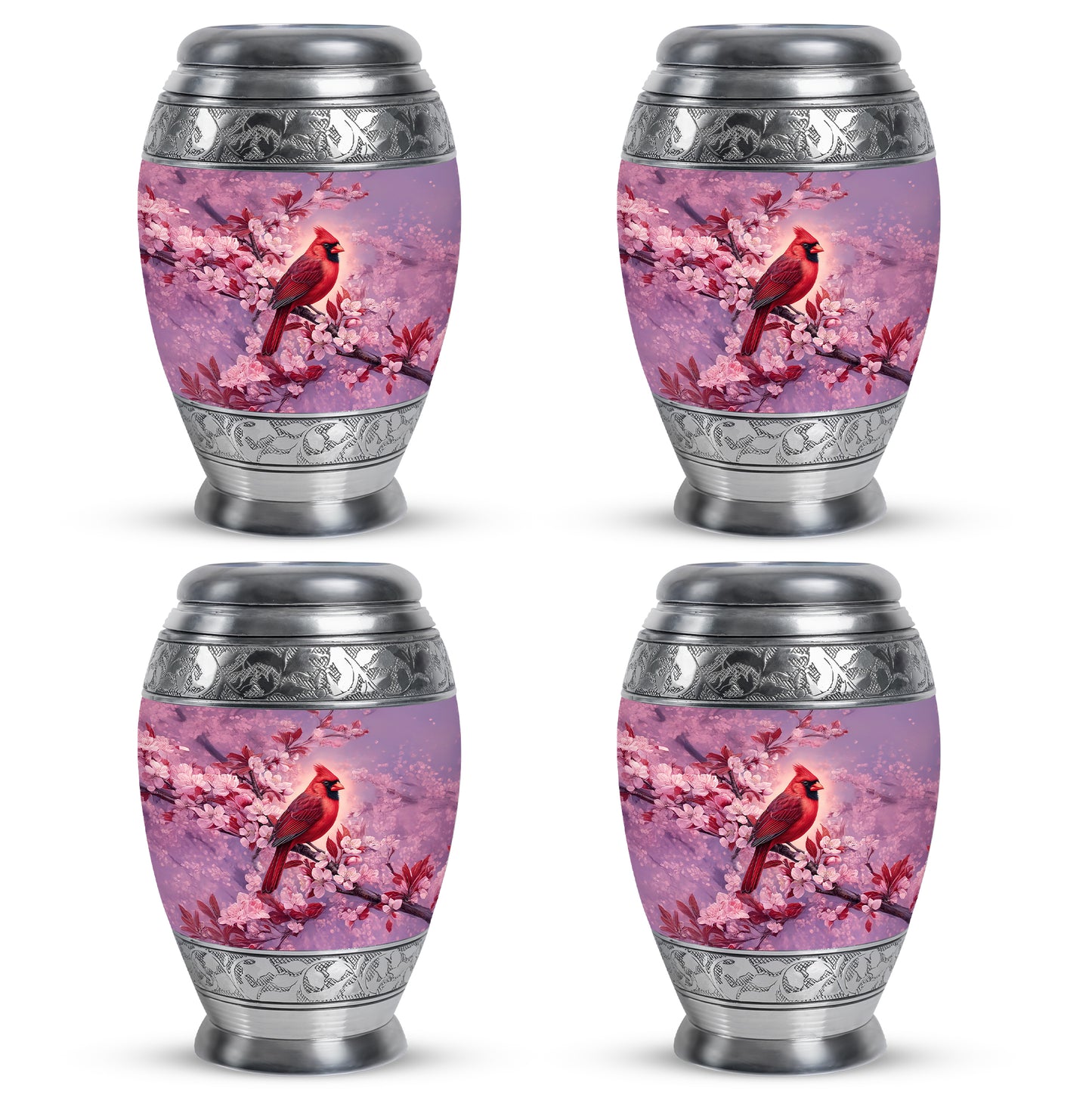 Vintage Pink Cardinal Cremation Urn urn with complimentary velvet bag - royal cardinal engraving with decorative scrollwork - 10 inch aluminum urn for cremated remains