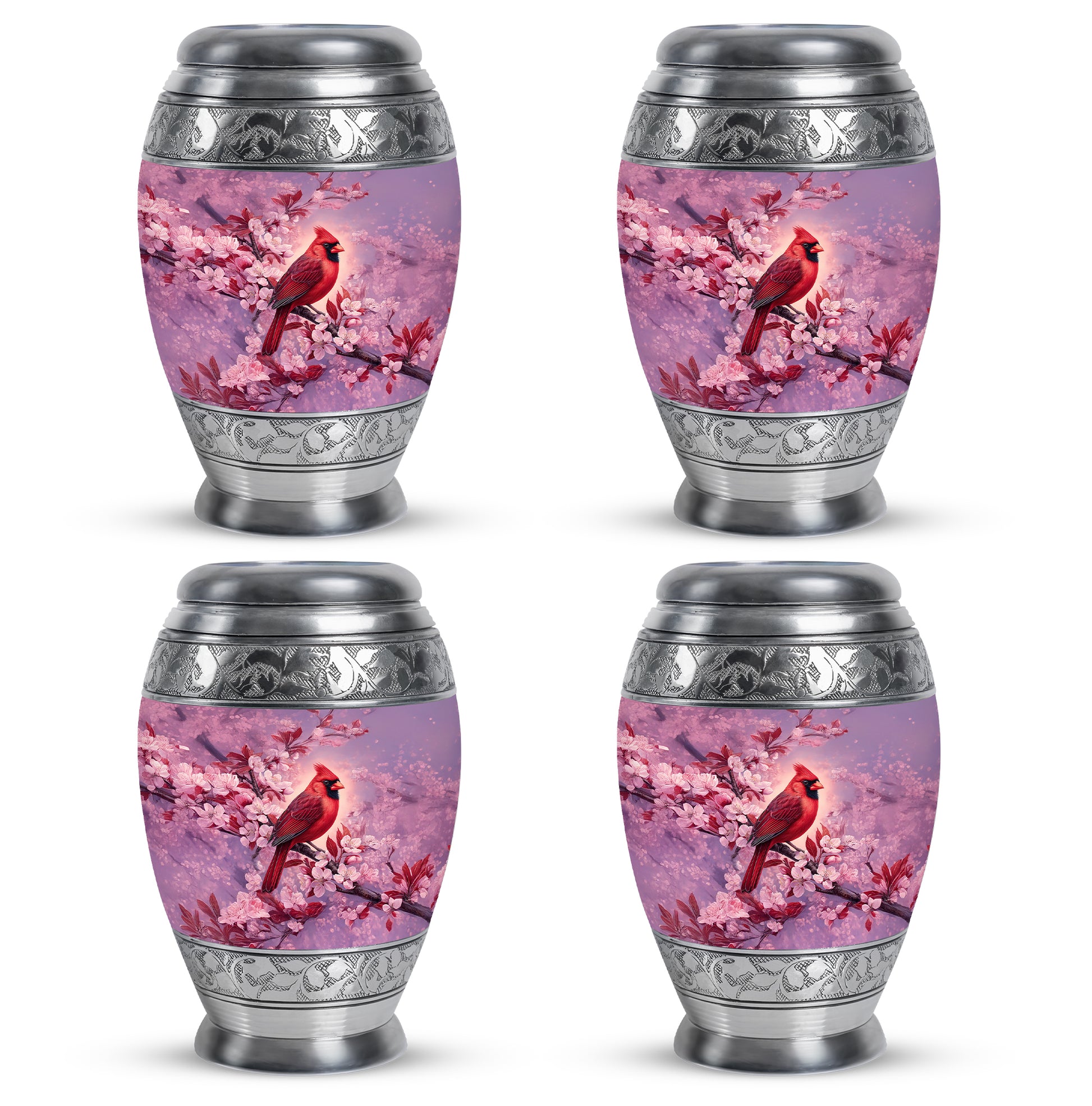 Vintage Pink Cardinal Cremation Urn urn with complimentary velvet bag - royal cardinal engraving with decorative scrollwork - 10 inch aluminum urn for cremated remains