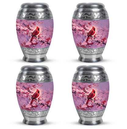 Vintage Pink Cardinal Cremation Urn urn with complimentary velvet bag - royal cardinal engraving with decorative scrollwork - 10 inch aluminum urn for cremated remains