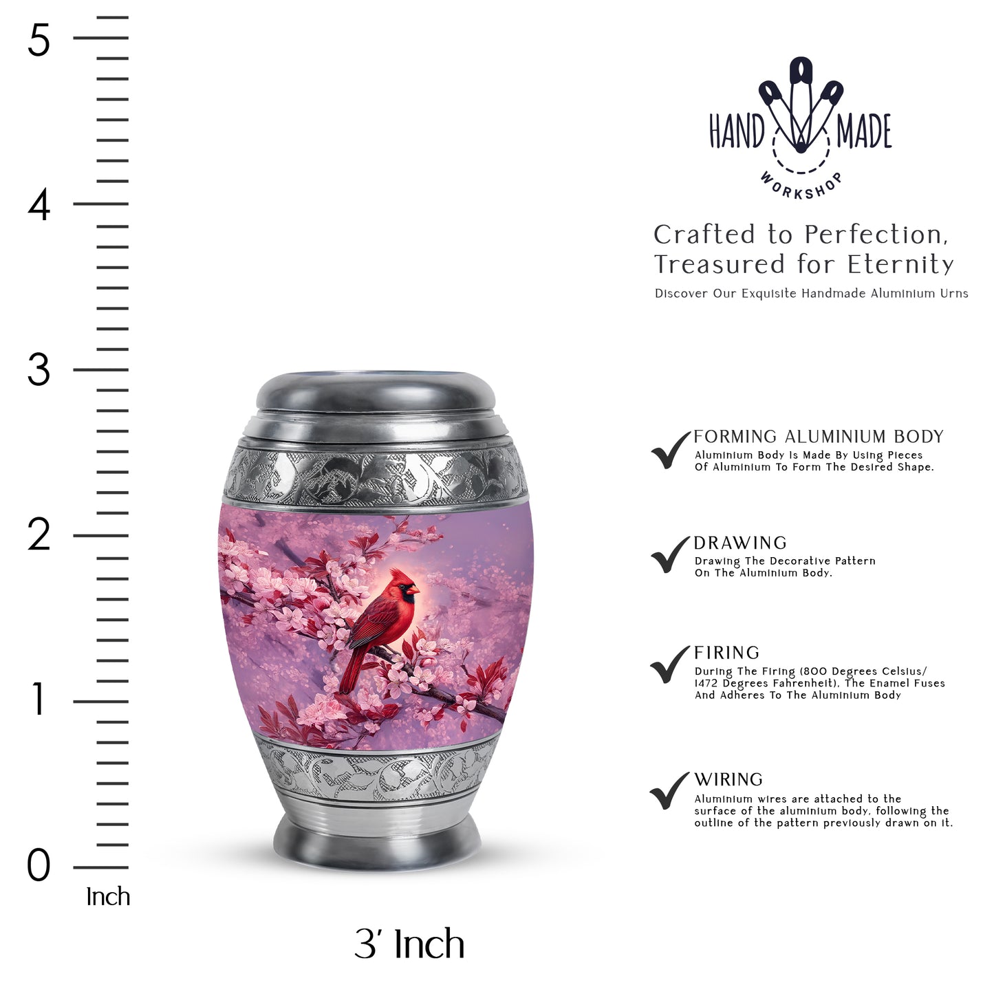 Rose Pink Cardinal Cremation Urn lifestyle display on memorial shelf - regal cardinal design with crown-inspired accents - mini keepsake memorial for portion of cremation ashes