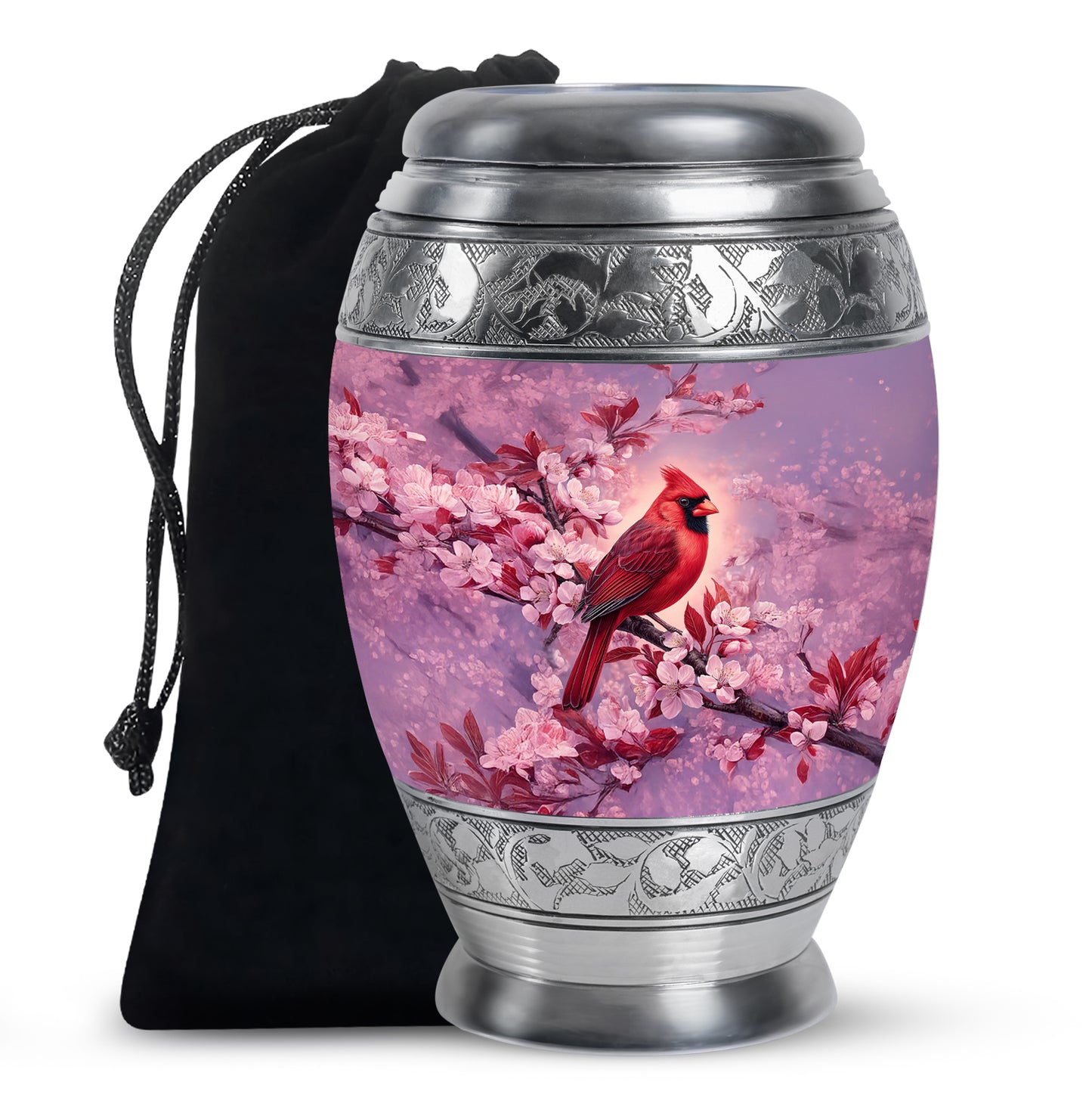 Petal Pink Cardinal Cremation Urn back view with polished surface - majestic cardinal pattern with filigree border - full-size 10 inch 200 cubic inch adult cremation urn