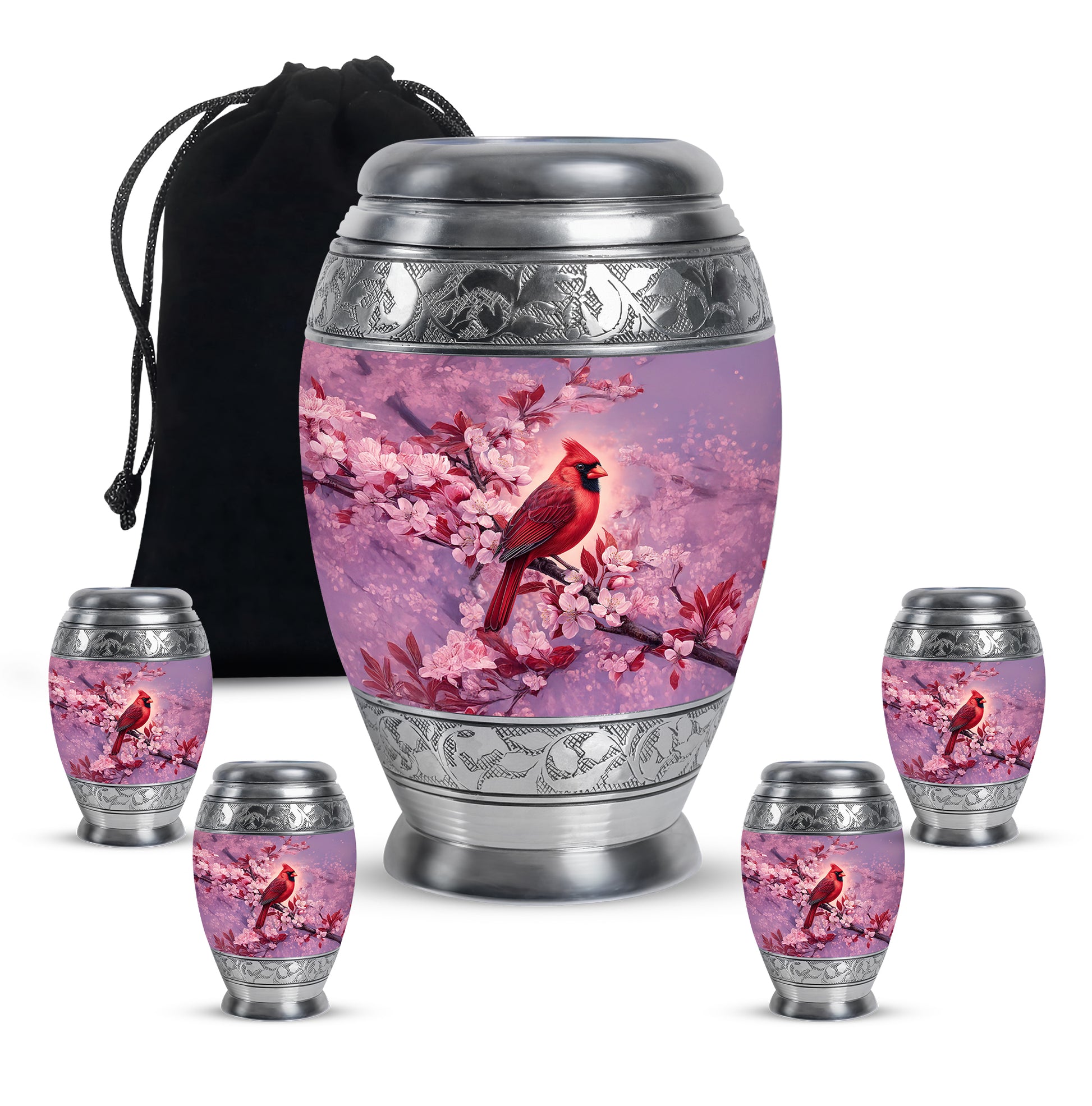 Coral Pink Cardinal Cremation Urn detail view - ornate monarch-style cardinal relief on brushed aluminum - memorial set with one large and four small urns