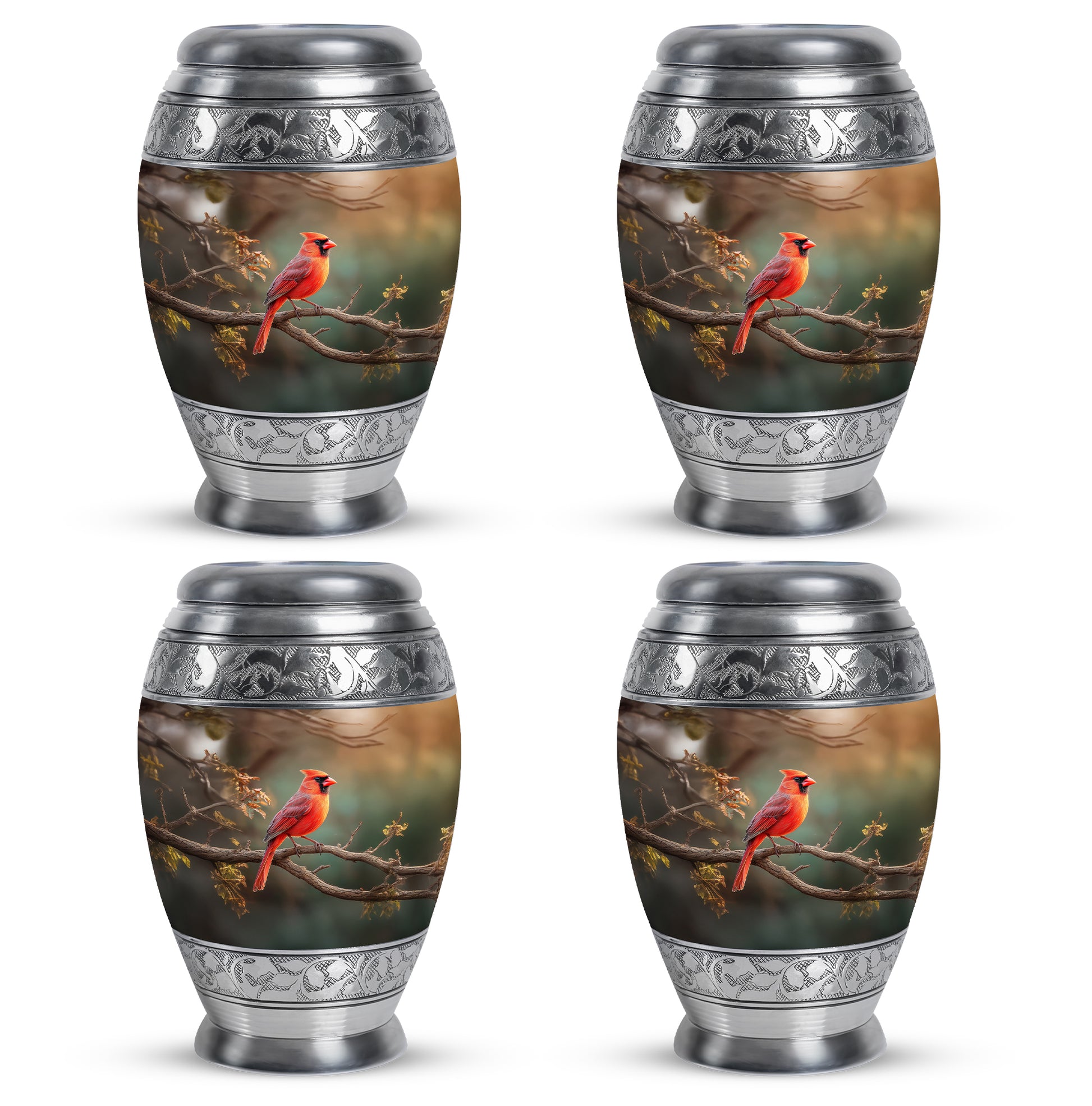 Pine Green Cardinal Cremation Urn urn with complimentary velvet bag - majestic cardinal pattern with filigree border - 10 inch aluminum urn for cremated remains