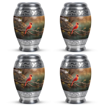 Pine Green Cardinal Cremation Urn urn with complimentary velvet bag - majestic cardinal pattern with filigree border - 10 inch aluminum urn for cremated remains