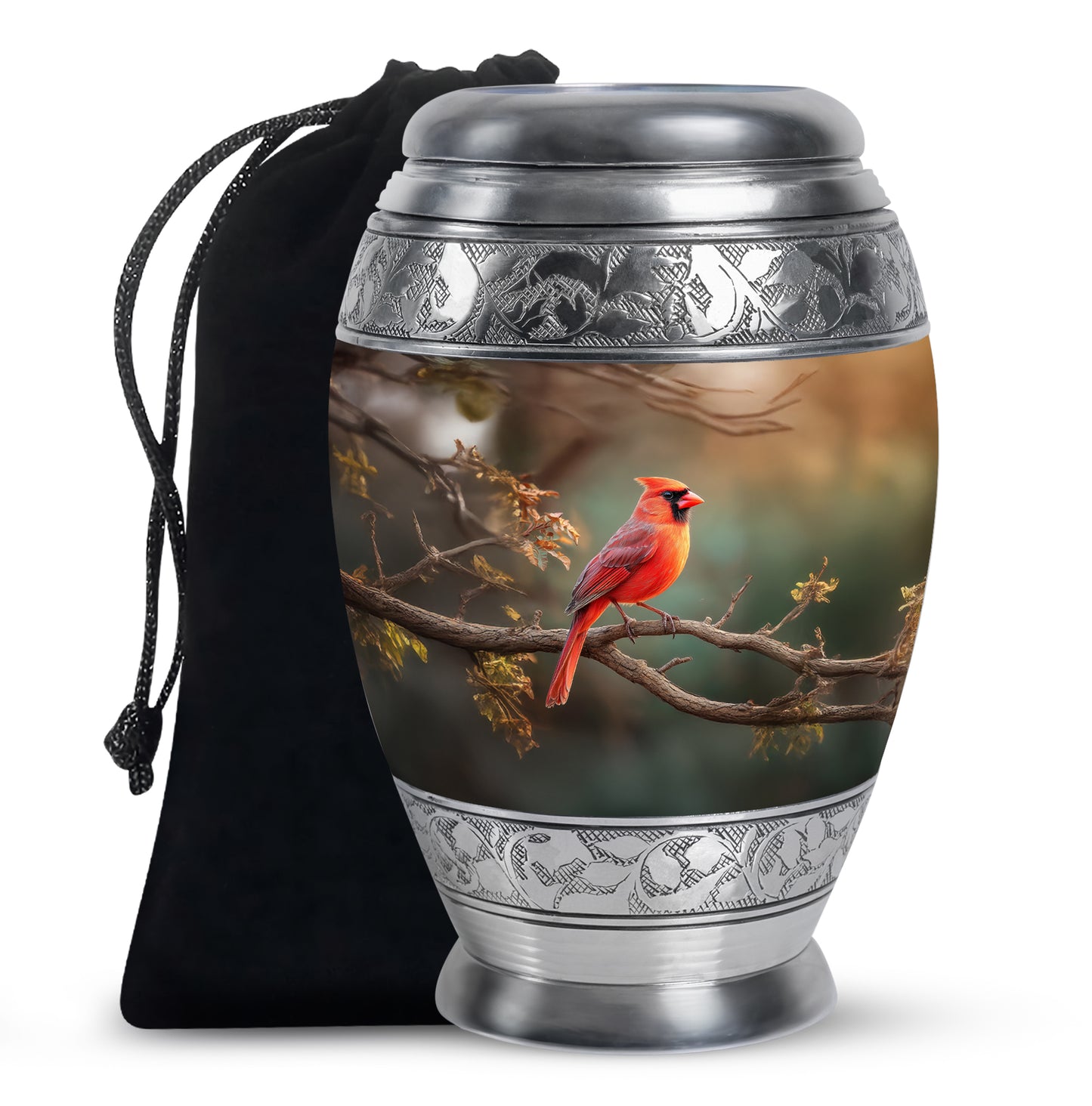 Jade Green Cardinal Cremation Urn back view with polished surface - regal cardinal design with crown-inspired accents - full-size 10 inch 200 cubic inch adult cremation urn