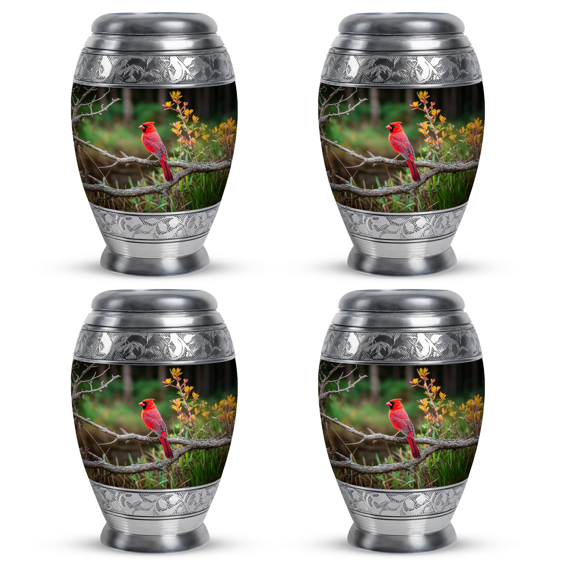 Moss Green Cardinal Cremation Urn urn with complimentary velvet bag - regal cardinal design with crown-inspired accents - 10 inch aluminum urn for cremated remains