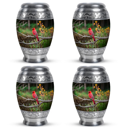 Moss Green Cardinal Cremation Urn urn with complimentary velvet bag - regal cardinal design with crown-inspired accents - 10 inch aluminum urn for cremated remains