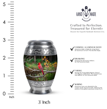 Olive Green Cardinal Cremation Urn lifestyle display on memorial shelf - royal cardinal engraving with decorative scrollwork - mini keepsake memorial for portion of cremation ashes