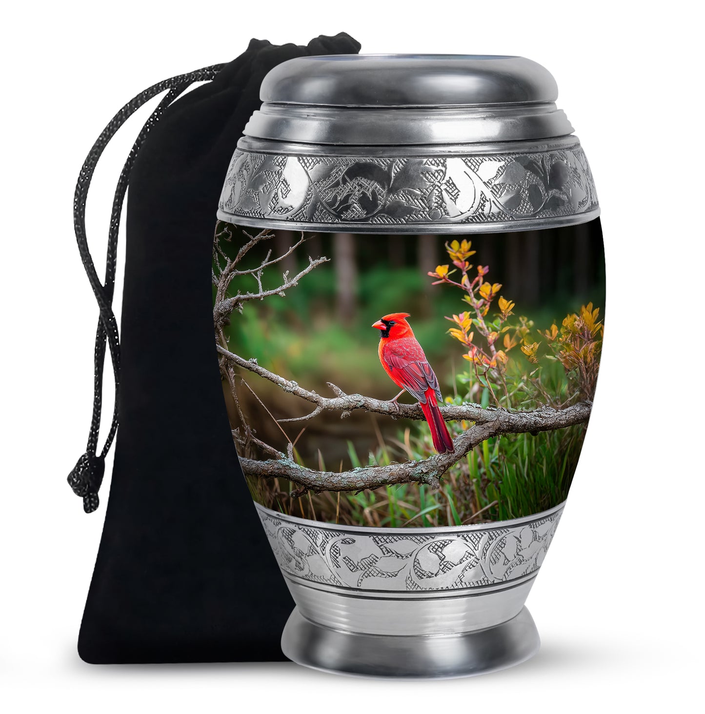 Moss Green Cardinal Cremation Urn back view with polished surface - ornate monarch-style cardinal relief on brushed aluminum - full-size 10 inch 200 cubic inch adult cremation urn