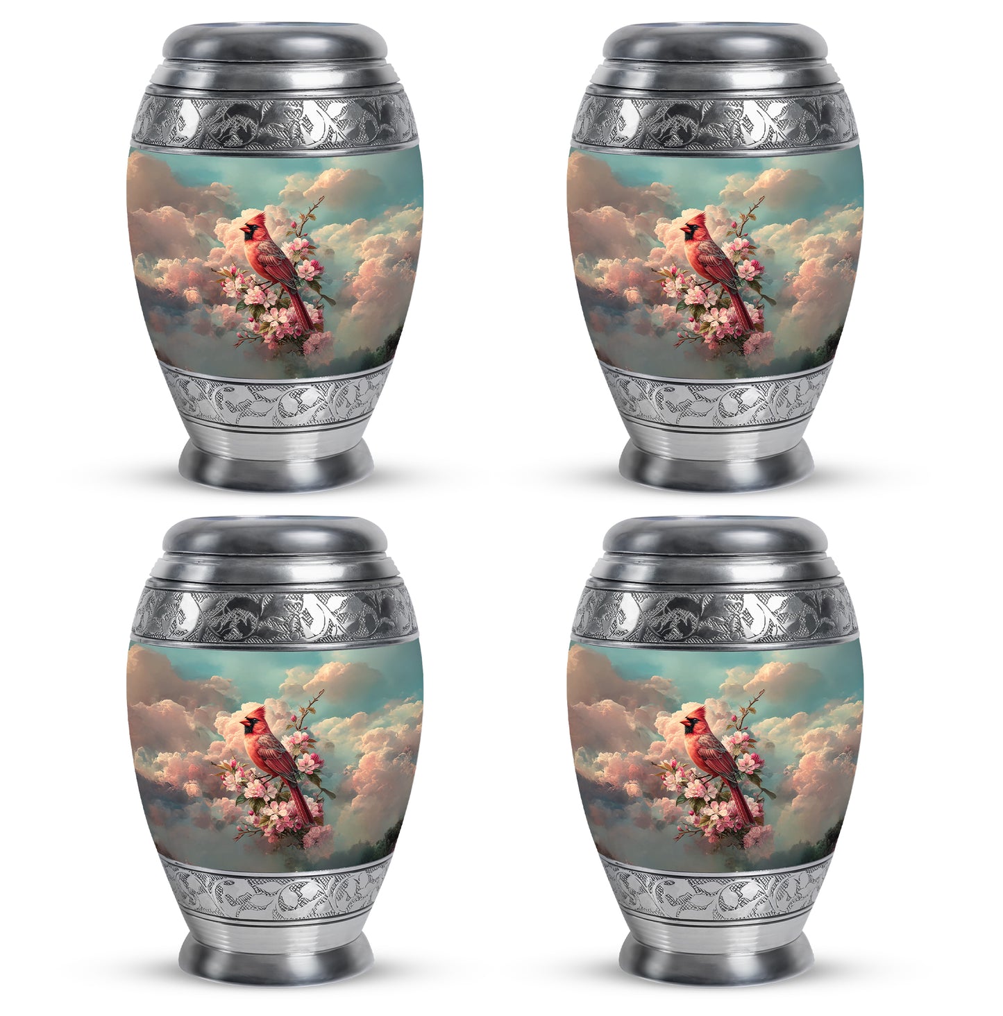 Mystic Teal Cardinal Cremation Urn urn with complimentary velvet bag - majestic cardinal pattern with filigree border - 10 inch aluminum urn for cremated remains
