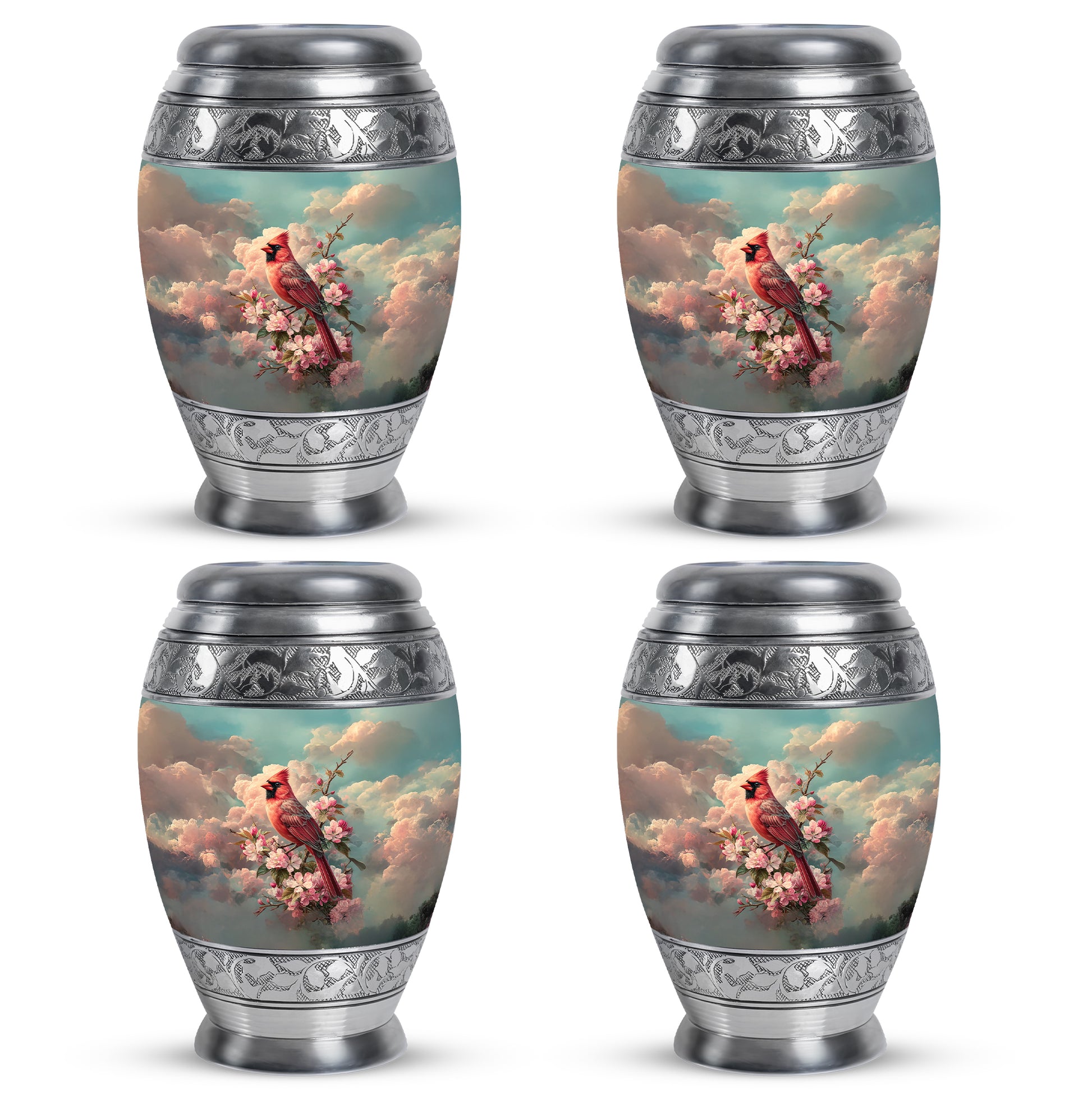 Mystic Teal Cardinal Cremation Urn urn with complimentary velvet bag - majestic cardinal pattern with filigree border - 10 inch aluminum urn for cremated remains