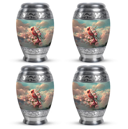 Mystic Teal Cardinal Cremation Urn urn with complimentary velvet bag - majestic cardinal pattern with filigree border - 10 inch aluminum urn for cremated remains