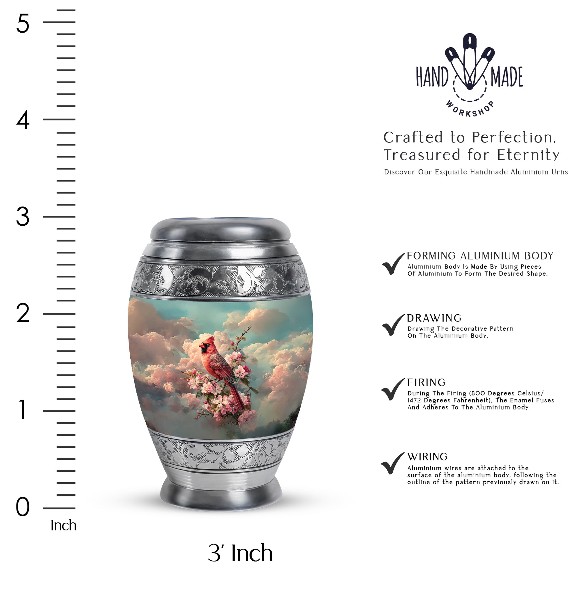Sea Green Teal Cardinal Cremation Urn lifestyle display on memorial shelf - ornate monarch-style cardinal relief on brushed aluminum - mini keepsake memorial for portion of cremation ashes