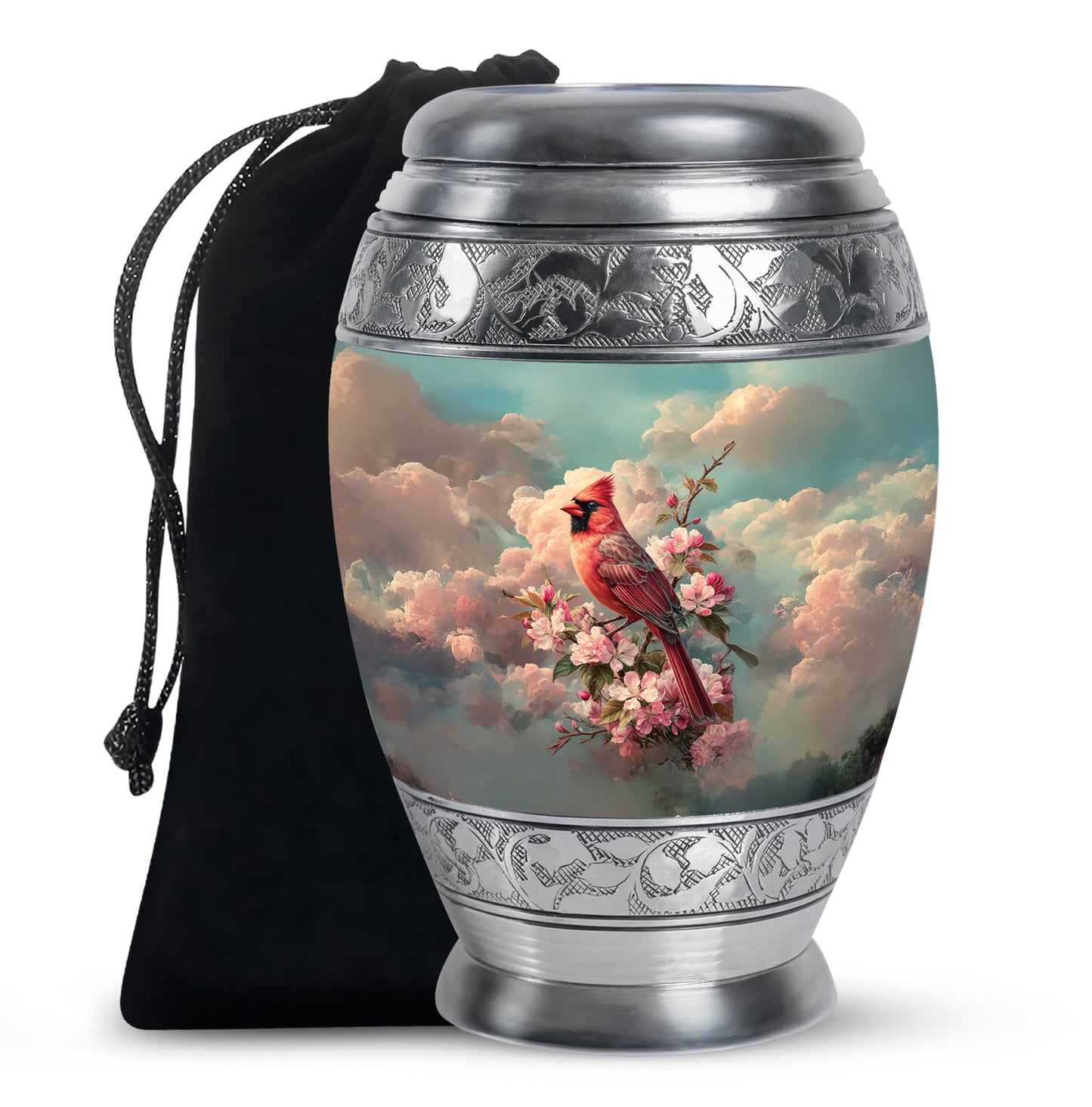 Vivid Teal Cardinal Cremation Urn back view with polished surface - royal cardinal engraving with decorative scrollwork - full-size 10 inch 200 cubic inch adult cremation urn