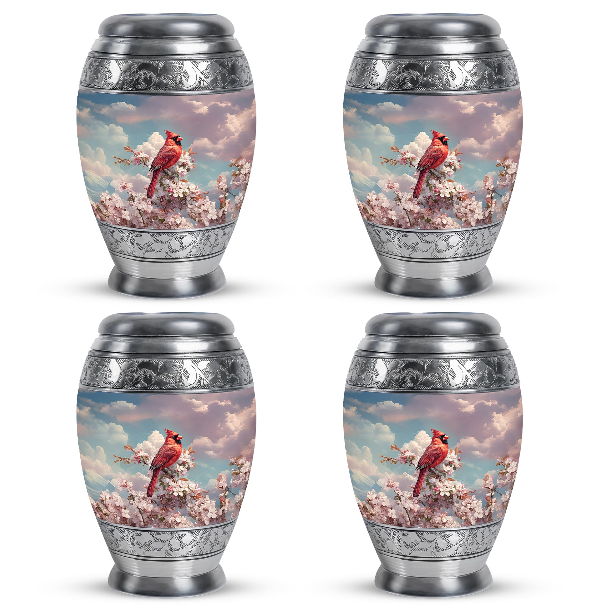 Bright Blue Cardinal Cremation Urn urn with complimentary velvet bag - majestic cardinal pattern with filigree border - 10 inch aluminum urn for cremated remains