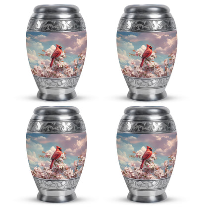 Bright Blue Cardinal Cremation Urn urn with complimentary velvet bag - majestic cardinal pattern with filigree border - 10 inch aluminum urn for cremated remains