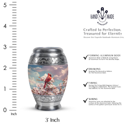 Bright Blue Cardinal Cremation Urn lifestyle display on memorial shelf - royal cardinal engraving with decorative scrollwork - mini keepsake memorial for portion of cremation ashes