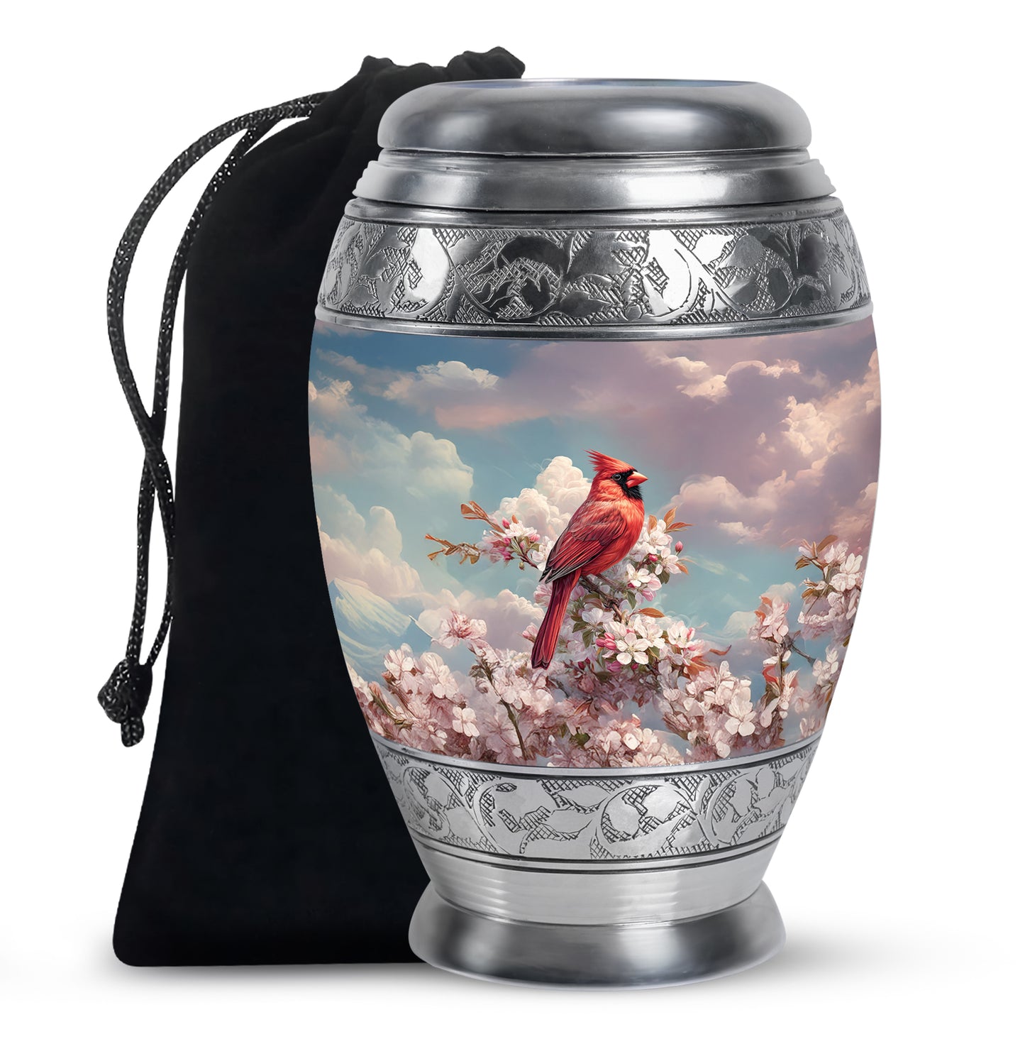 Serene Blue Cardinal Cremation Urn back view with polished surface - majestic cardinal pattern with filigree border - full-size 10 inch 200 cubic inch adult cremation urn