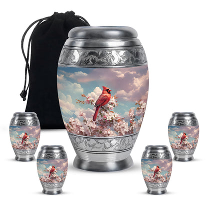 Pastel Blue Cardinal Cremation Urn detail view - regal cardinal design with crown-inspired accents - memorial set with one large and four small urns
