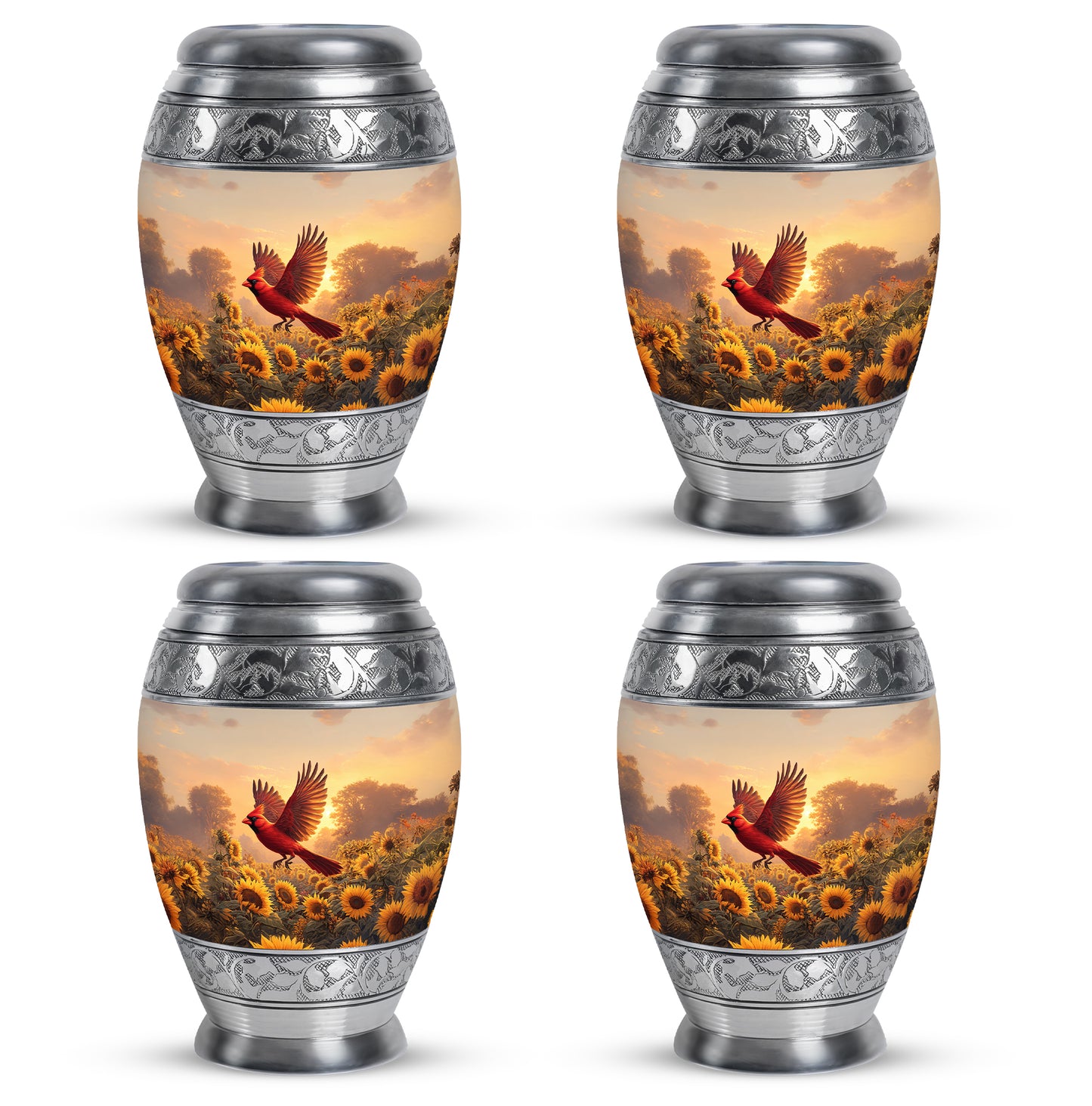 Harvest Gold Cardinal Cremation Urn urn with complimentary velvet bag - royal cardinal engraving with decorative scrollwork - 10 inch aluminum urn for cremated remains