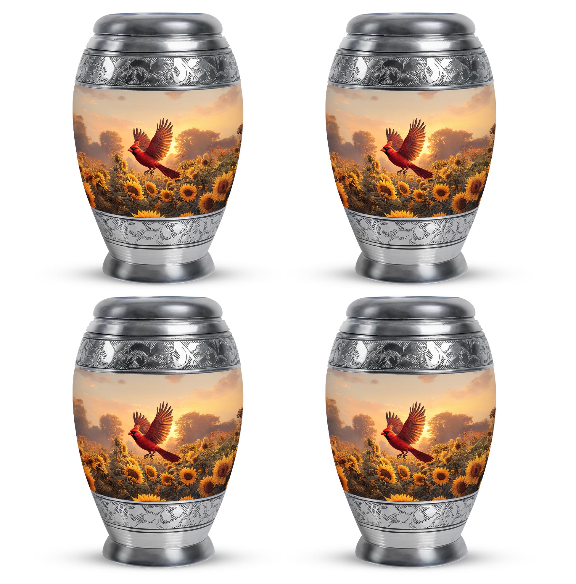 Harvest Gold Cardinal Cremation Urn urn with complimentary velvet bag - royal cardinal engraving with decorative scrollwork - 10 inch aluminum urn for cremated remains
