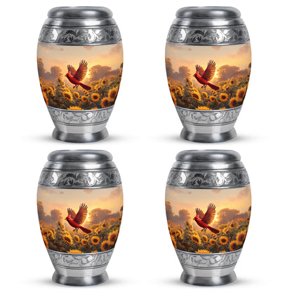 Harvest Gold Cardinal Cremation Urn urn with complimentary velvet bag - royal cardinal engraving with decorative scrollwork - 10 inch aluminum urn for cremated remains