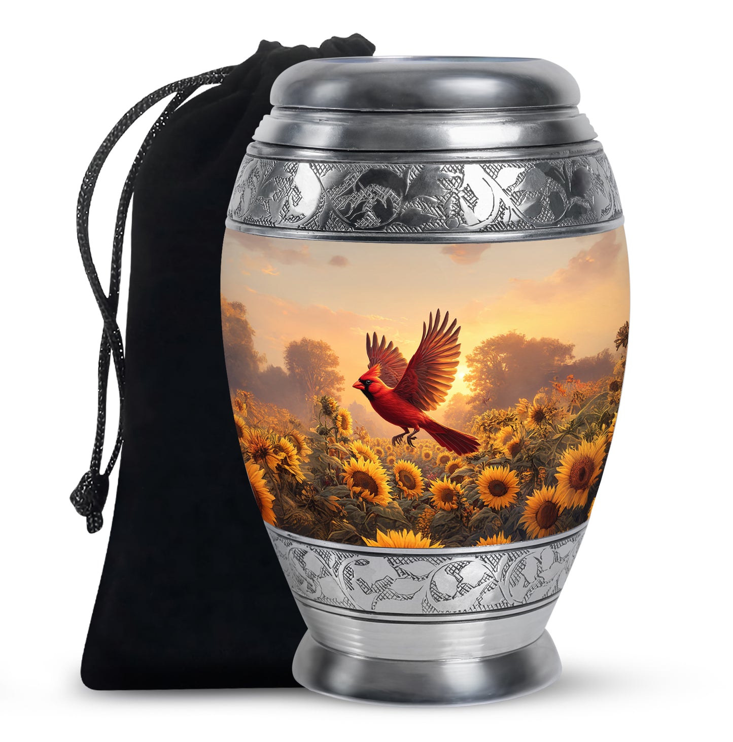 Gilded Gold Cardinal Cremation Urn back view with polished surface - regal cardinal design with crown-inspired accents - full-size 10 inch 200 cubic inch adult cremation urn