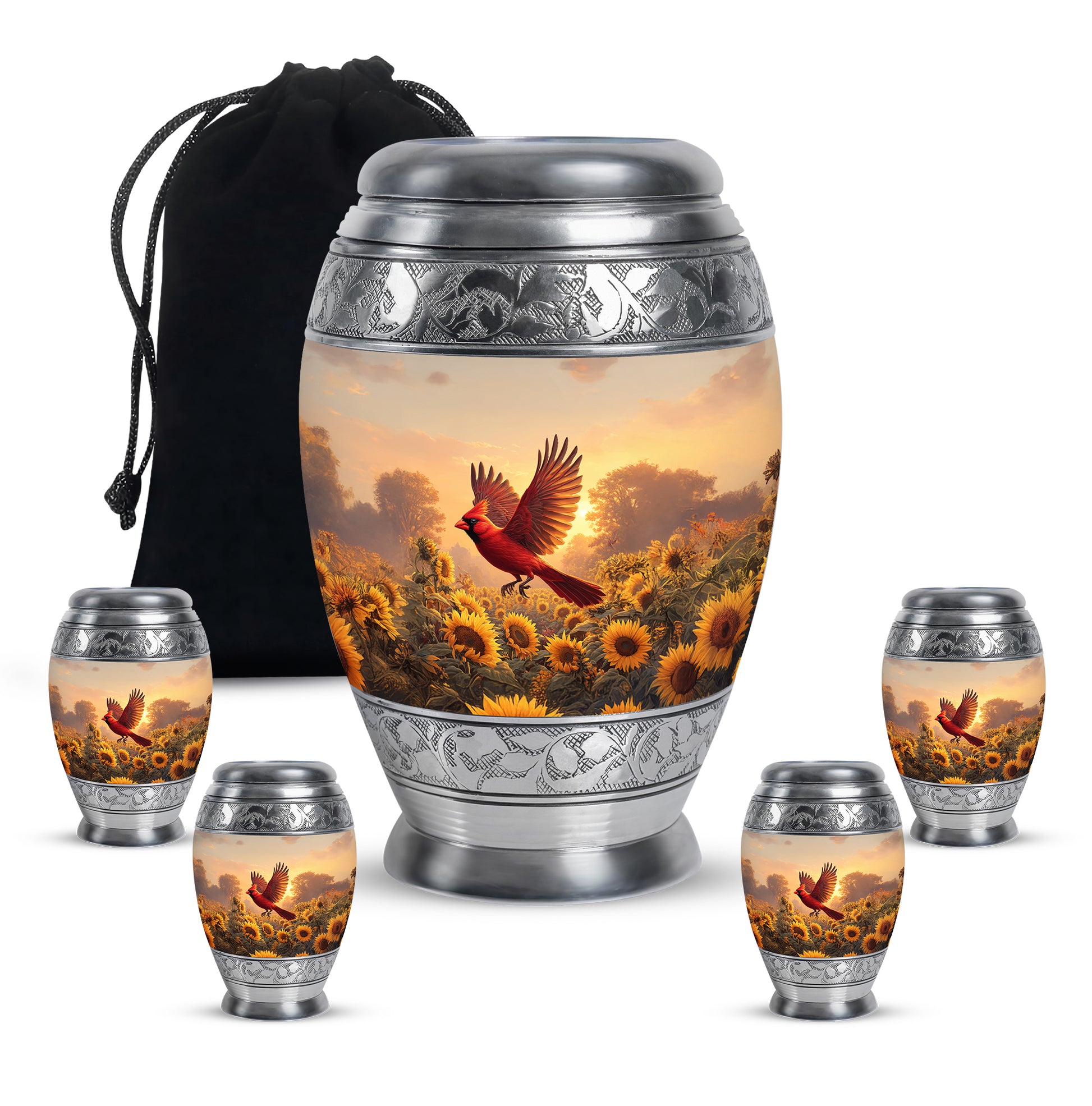 Royal Gold Cardinal Cremation Urn detail view - royal cardinal engraving with decorative scrollwork - memorial set with one large and four small urns