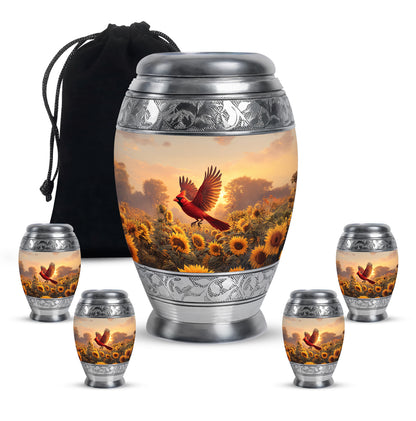Royal Gold Cardinal Cremation Urn detail view - royal cardinal engraving with decorative scrollwork - memorial set with one large and four small urns