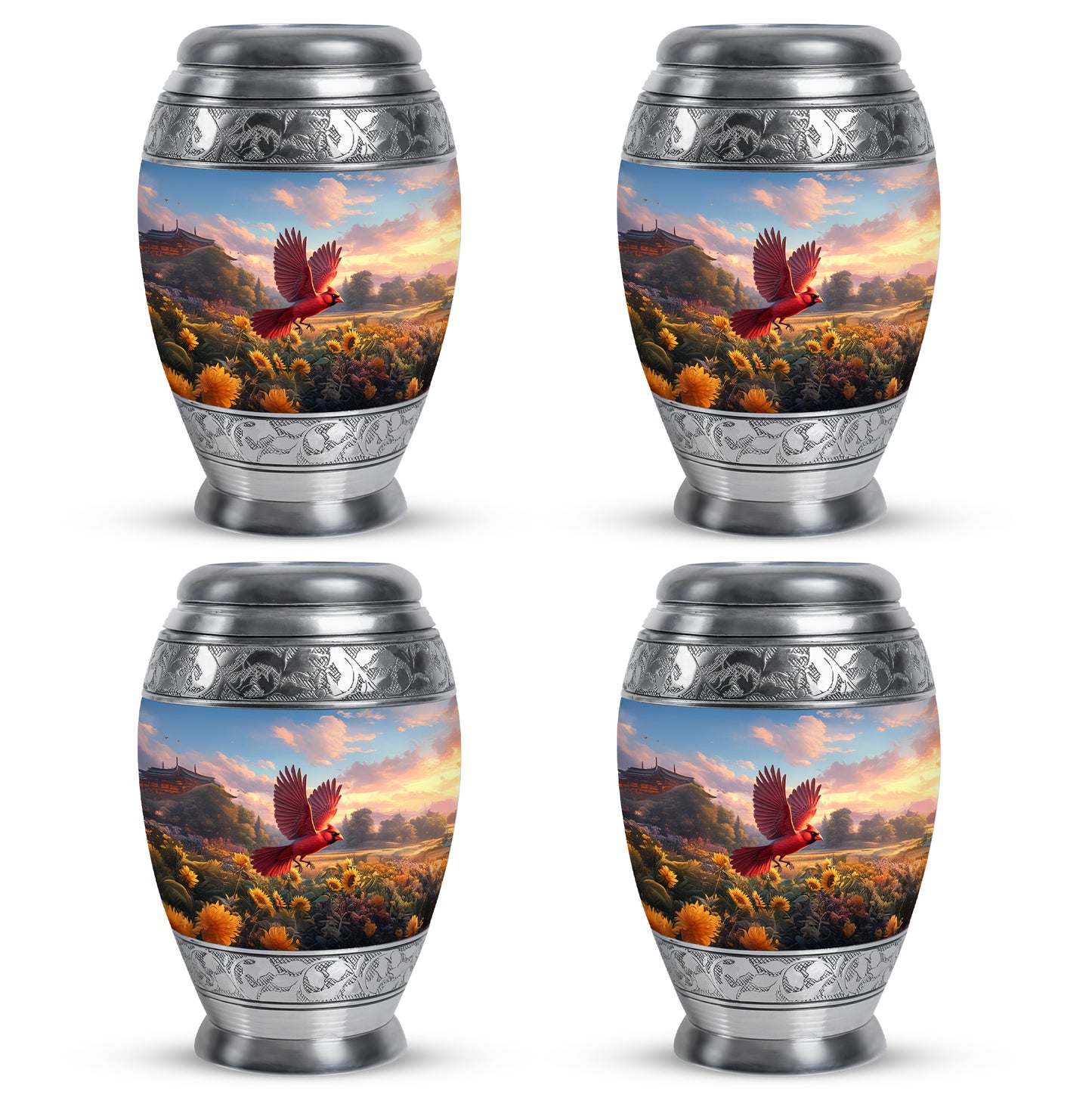 Indigo Cardinal Cremation Urn urn with complimentary velvet bag - ornate monarch-style cardinal relief on brushed aluminum - 10 inch aluminum urn for cremated remains