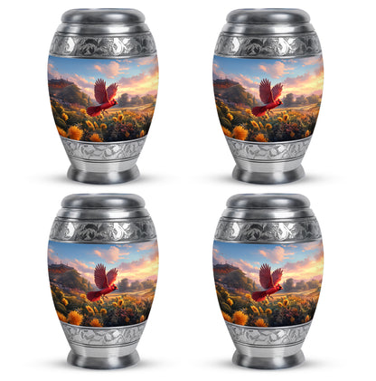 Indigo Cardinal Cremation Urn urn with complimentary velvet bag - ornate monarch-style cardinal relief on brushed aluminum - 10 inch aluminum urn for cremated remains