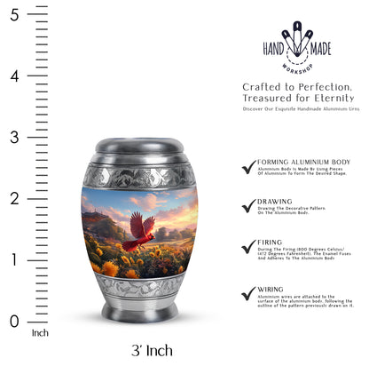 Pastel Blue Cardinal Cremation Urn lifestyle display on memorial shelf - regal cardinal design with crown-inspired accents - mini keepsake memorial for portion of cremation ashes