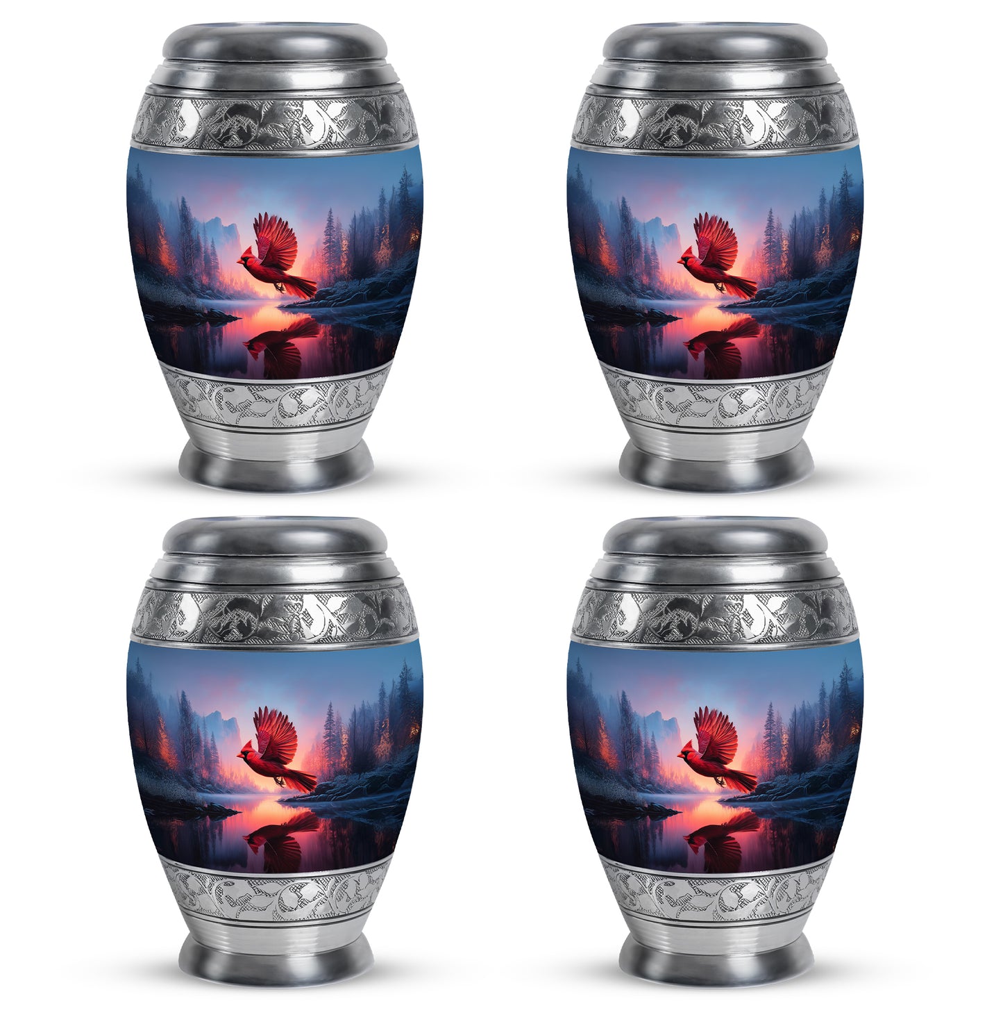 Powder Blue Cardinal Cremation Urn urn with complimentary velvet bag - ornate monarch-style cardinal relief on brushed aluminum - 10 inch aluminum urn for cremated remains