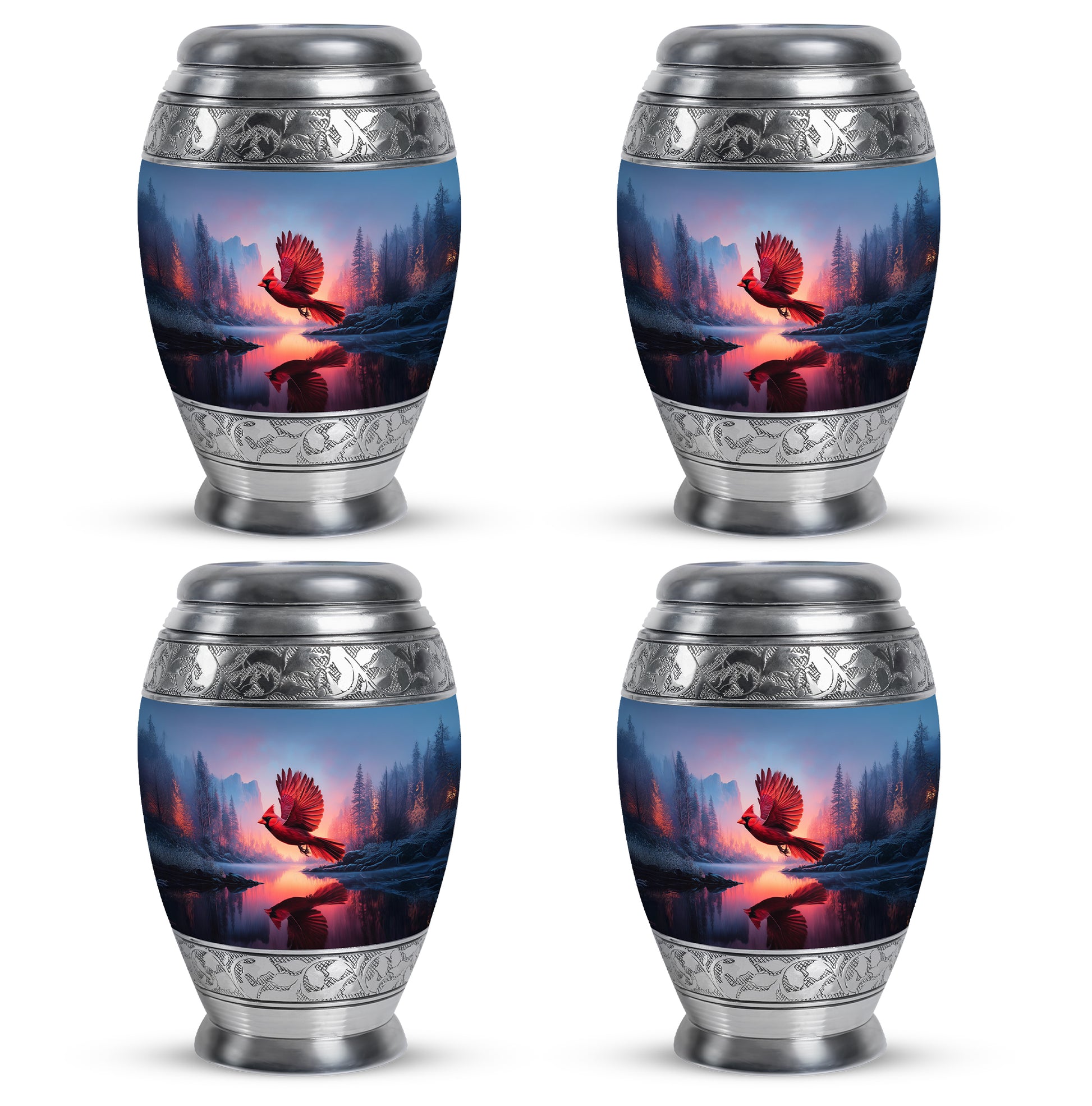 Powder Blue Cardinal Cremation Urn urn with complimentary velvet bag - ornate monarch-style cardinal relief on brushed aluminum - 10 inch aluminum urn for cremated remains
