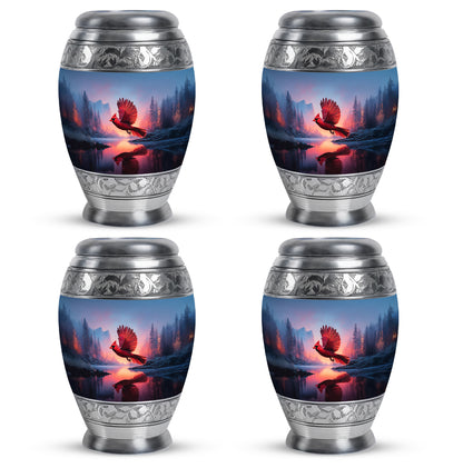 Powder Blue Cardinal Cremation Urn urn with complimentary velvet bag - ornate monarch-style cardinal relief on brushed aluminum - 10 inch aluminum urn for cremated remains