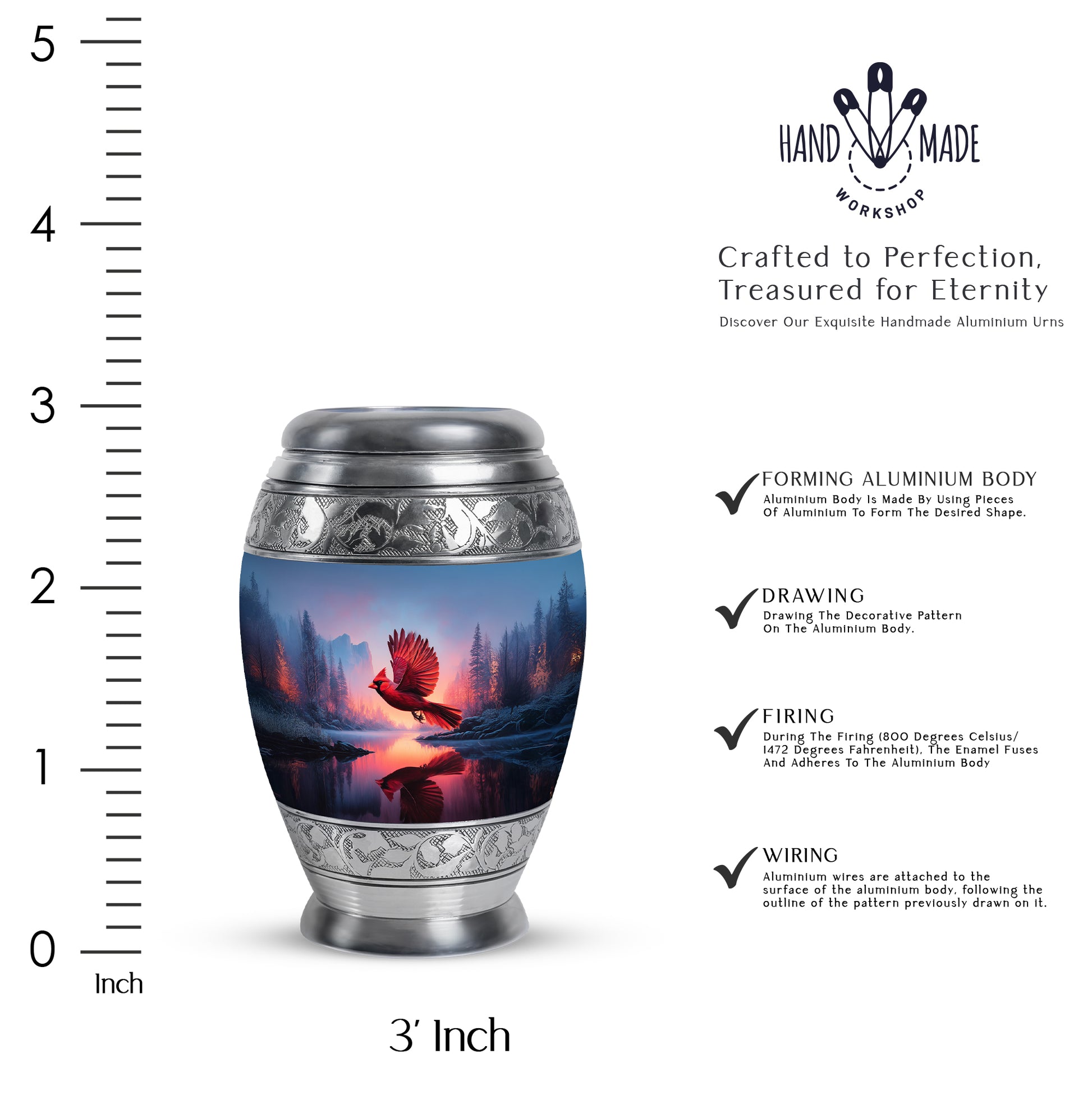 Celestial Blue Cardinal Cremation Urn lifestyle display on memorial shelf - regal cardinal design with crown-inspired accents - mini keepsake memorial for portion of cremation ashes