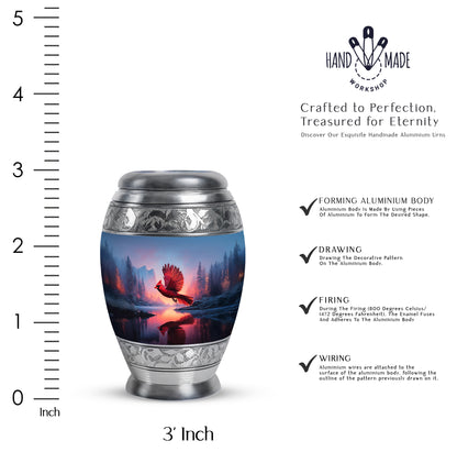 Celestial Blue Cardinal Cremation Urn lifestyle display on memorial shelf - regal cardinal design with crown-inspired accents - mini keepsake memorial for portion of cremation ashes