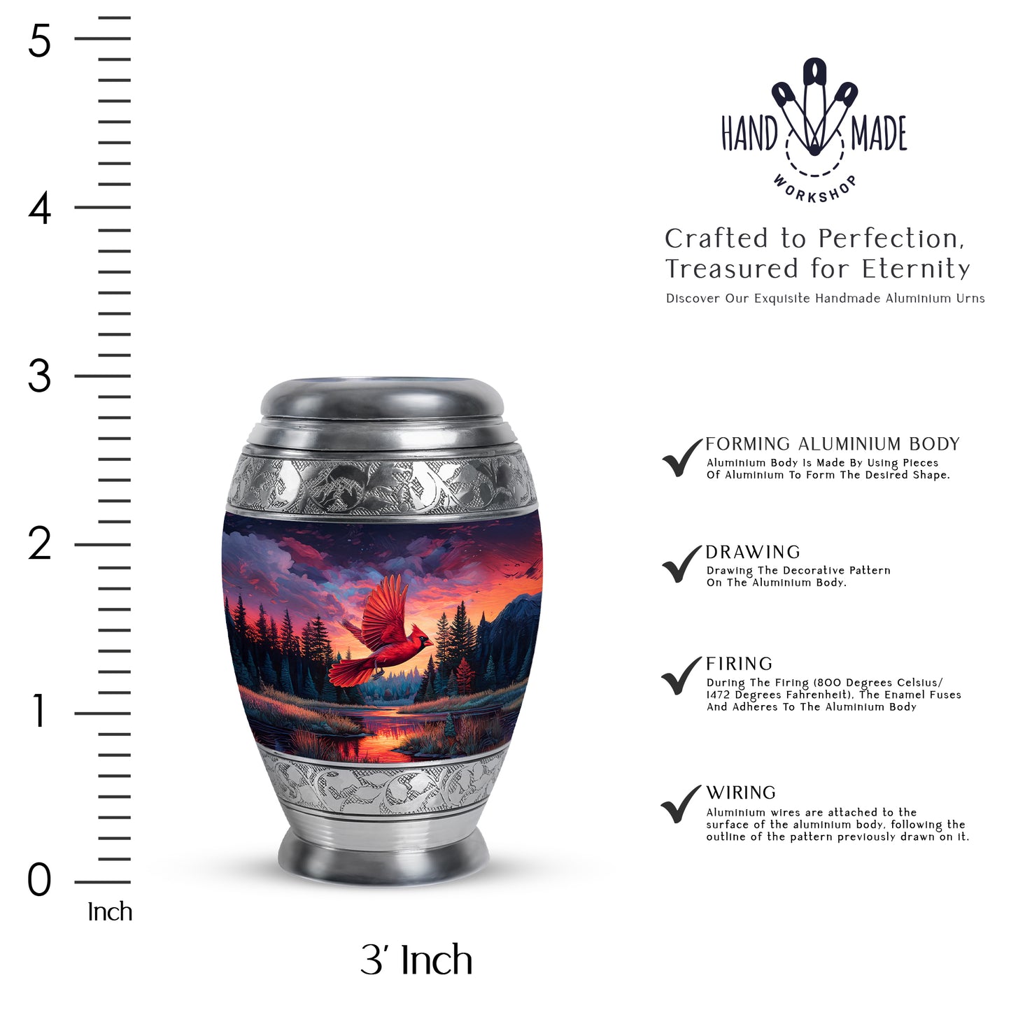 Sapphire Blue Cardinal Cremation Urn lifestyle display on memorial shelf - majestic cardinal pattern with filigree border - mini keepsake memorial for portion of cremation ashes