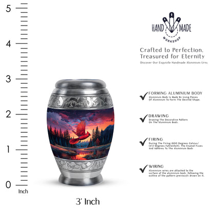 Sapphire Blue Cardinal Cremation Urn lifestyle display on memorial shelf - majestic cardinal pattern with filigree border - mini keepsake memorial for portion of cremation ashes