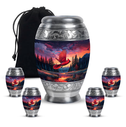 Indigo Cardinal Cremation Urn detail view - regal cardinal design with crown-inspired accents - memorial set with one large and four small urns