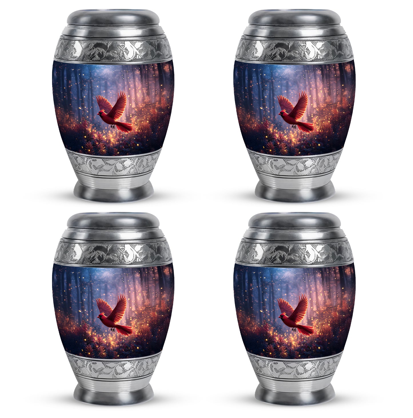 Twilight Blue Cardinal Cremation Urn urn with complimentary velvet bag - royal cardinal engraving with decorative scrollwork - 10 inch aluminum urn for cremated remains