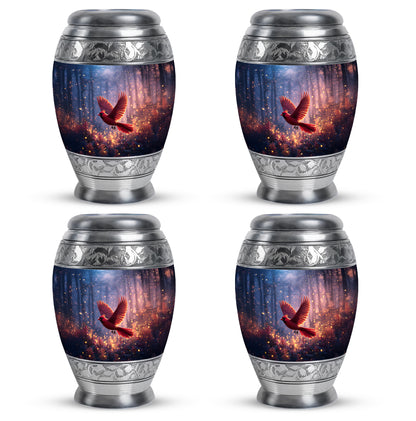 Twilight Blue Cardinal Cremation Urn urn with complimentary velvet bag - royal cardinal engraving with decorative scrollwork - 10 inch aluminum urn for cremated remains