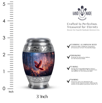 Powder Blue Cardinal Cremation Urn lifestyle display on memorial shelf - ornate monarch-style cardinal relief on brushed aluminum - mini keepsake memorial for portion of cremation ashes