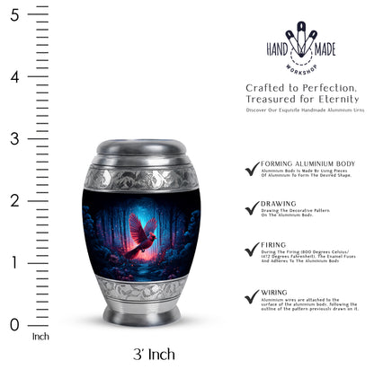 Ebony Cardinal Cremation Urn lifestyle display on memorial shelf - regal cardinal design with crown-inspired accents - mini keepsake memorial for portion of cremation ashes