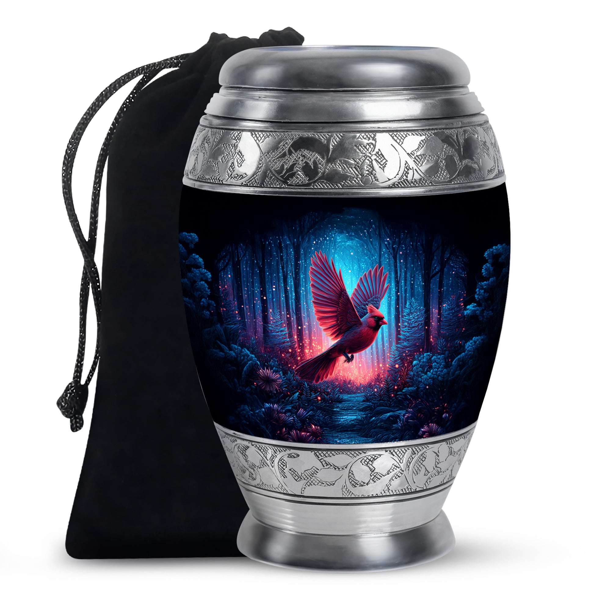 Rich Black Cardinal Cremation Urn back view with polished surface - regal cardinal design with crown-inspired accents - full-size 10 inch 200 cubic inch adult cremation urn