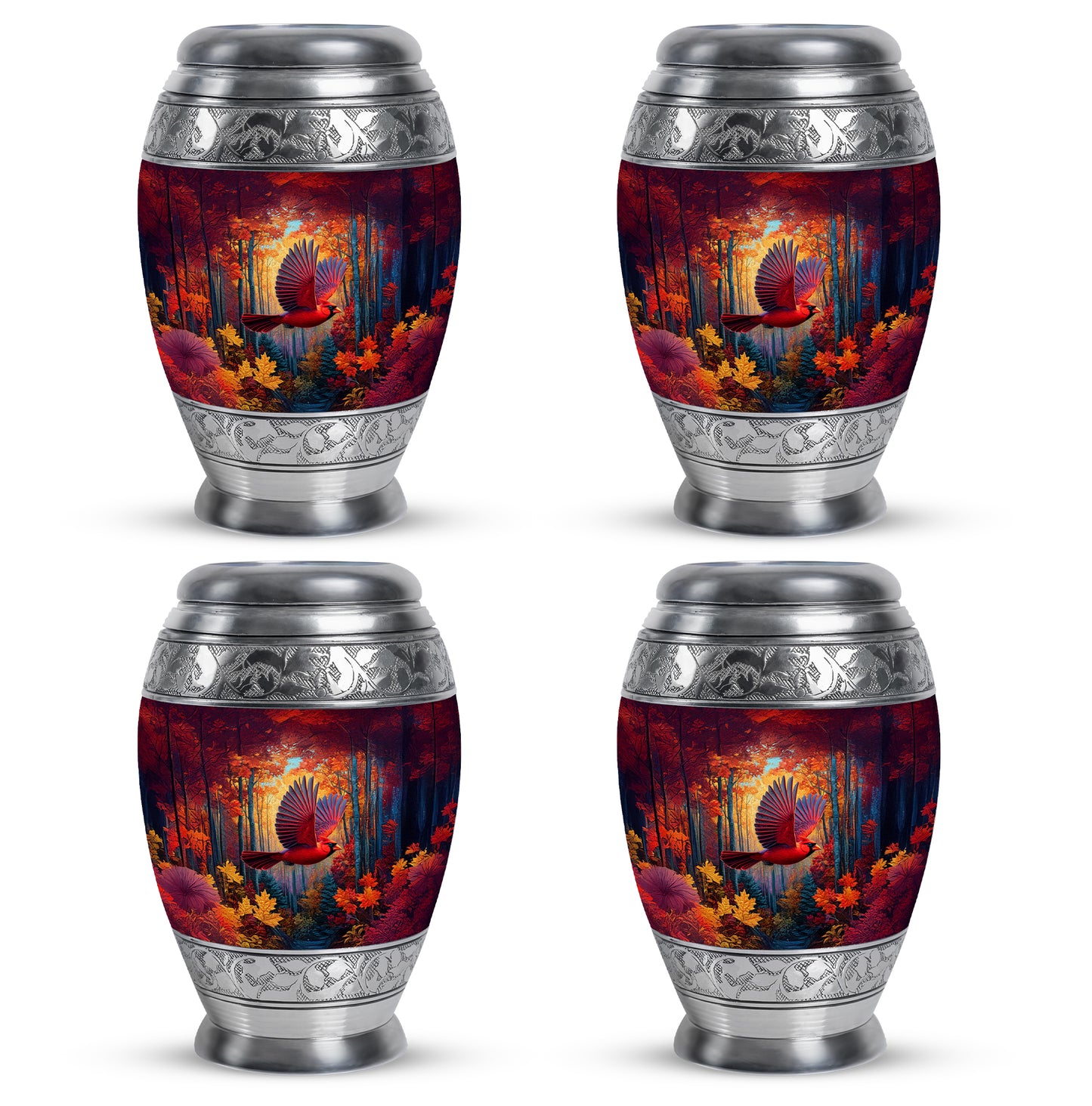 Scarlet Red Cardinal Cremation Urn urn with complimentary velvet bag - majestic cardinal pattern with filigree border - 10 inch aluminum urn for cremated remains