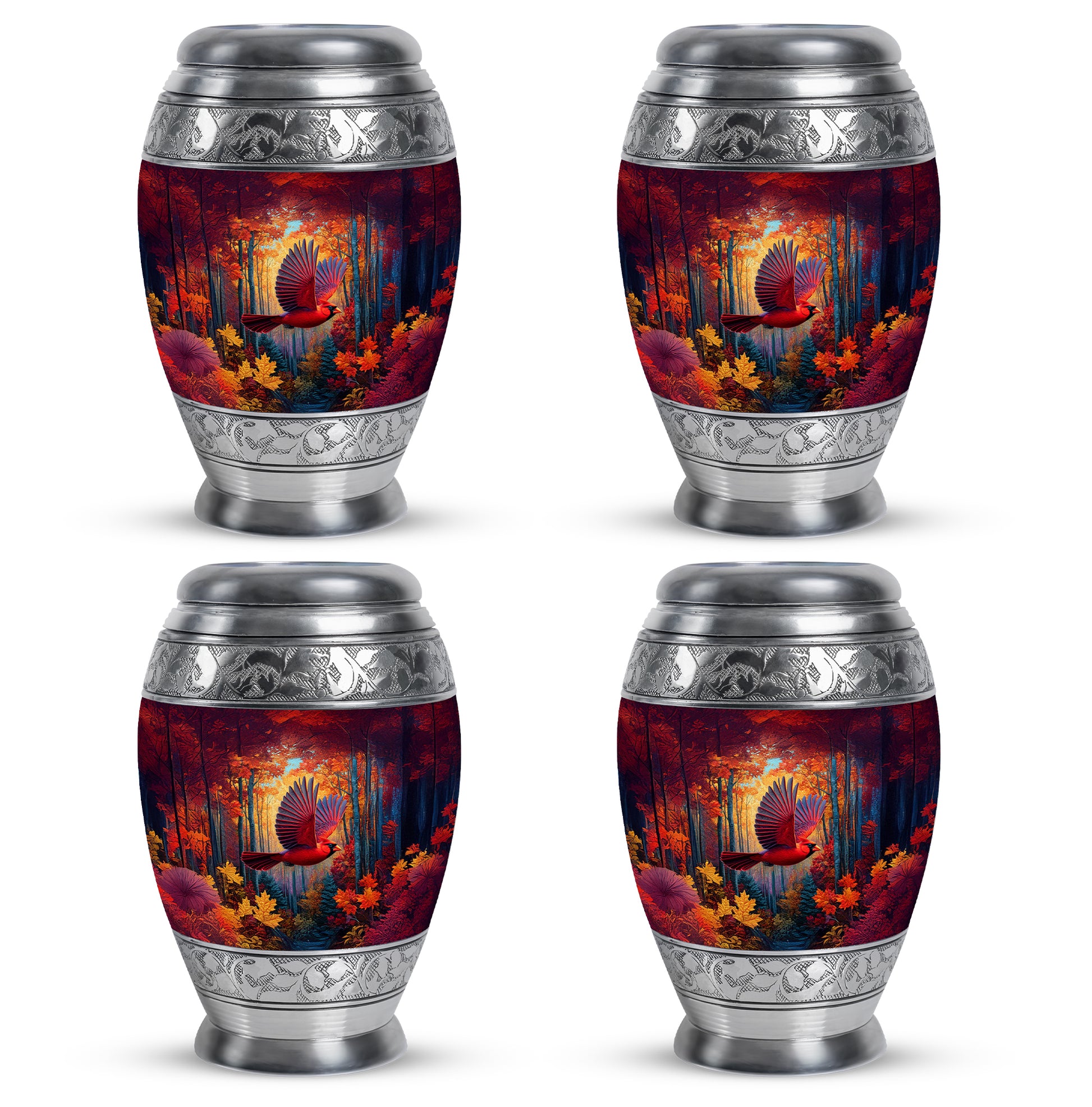 Scarlet Red Cardinal Cremation Urn urn with complimentary velvet bag - majestic cardinal pattern with filigree border - 10 inch aluminum urn for cremated remains