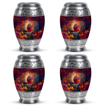 Scarlet Red Cardinal Cremation Urn urn with complimentary velvet bag - majestic cardinal pattern with filigree border - 10 inch aluminum urn for cremated remains